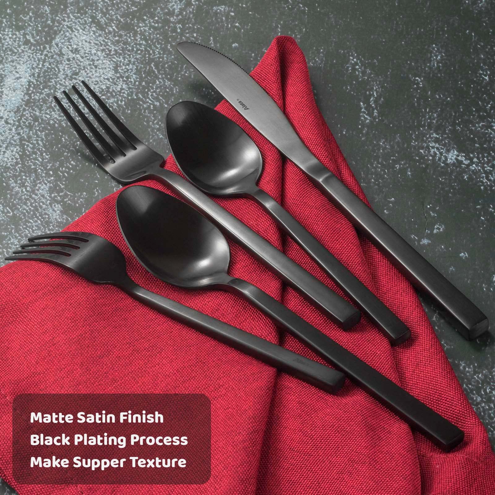 Alata Cube Black 20-Piece Forged Silverware Set Stainless Steel Flatware Set,Service For 4,Matte Satin Polished Cutlery Set,Dish